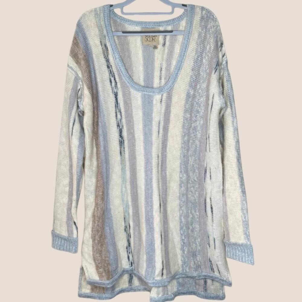 Cha Sor Striped Neutral Knit Sweater Scoop Neck Medium